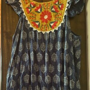 THML Blue Sleeveless Graphic Dress with Bib Collar